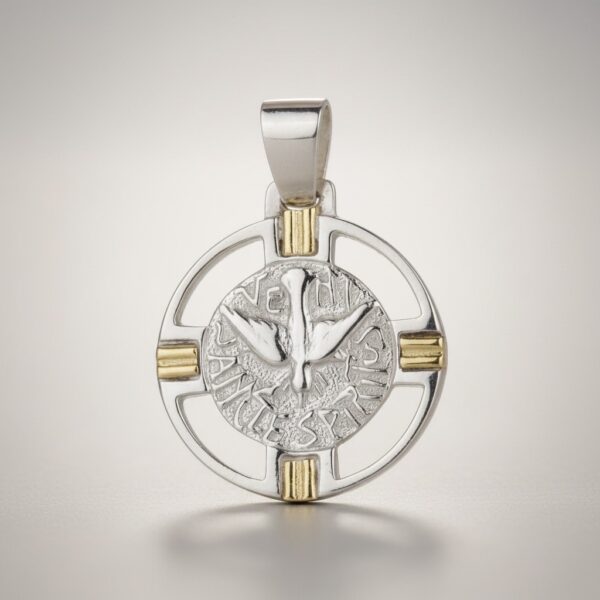 925 sterling silver openwork circular pendant with gold accents, front view