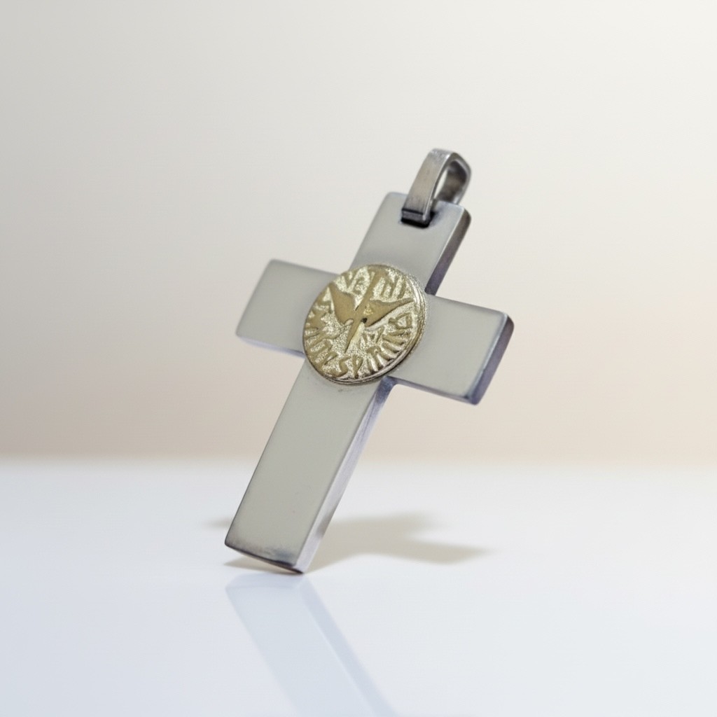 Sterling silver cross pendant 3/4 angle with 18k gold Holy Spirit center