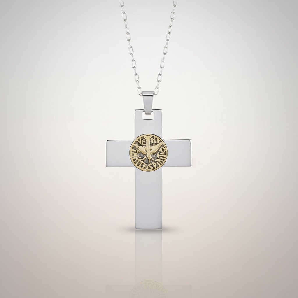 Sterling silver cross necklace with gold Holy Spirit detail with sterling silver necklace