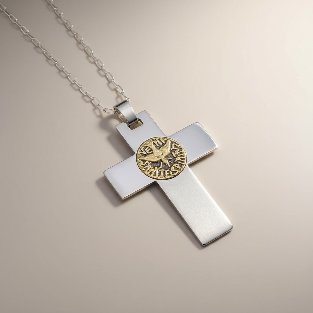 Sterling silver cross necklace with gold Holy Spirit detail