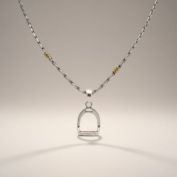 Stirrup pendant on sterling silver rice chain with 18k gold detail