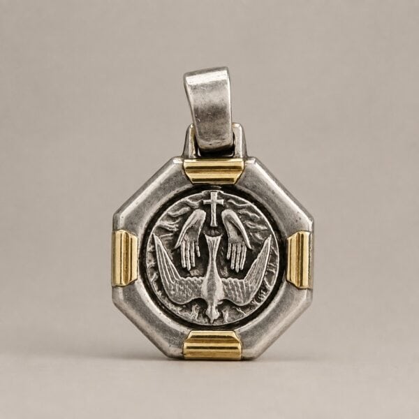Holy Spirit sterling silver pendant handcrafted in Argentina with genuine Dublee gold accents and hand-applied patina.