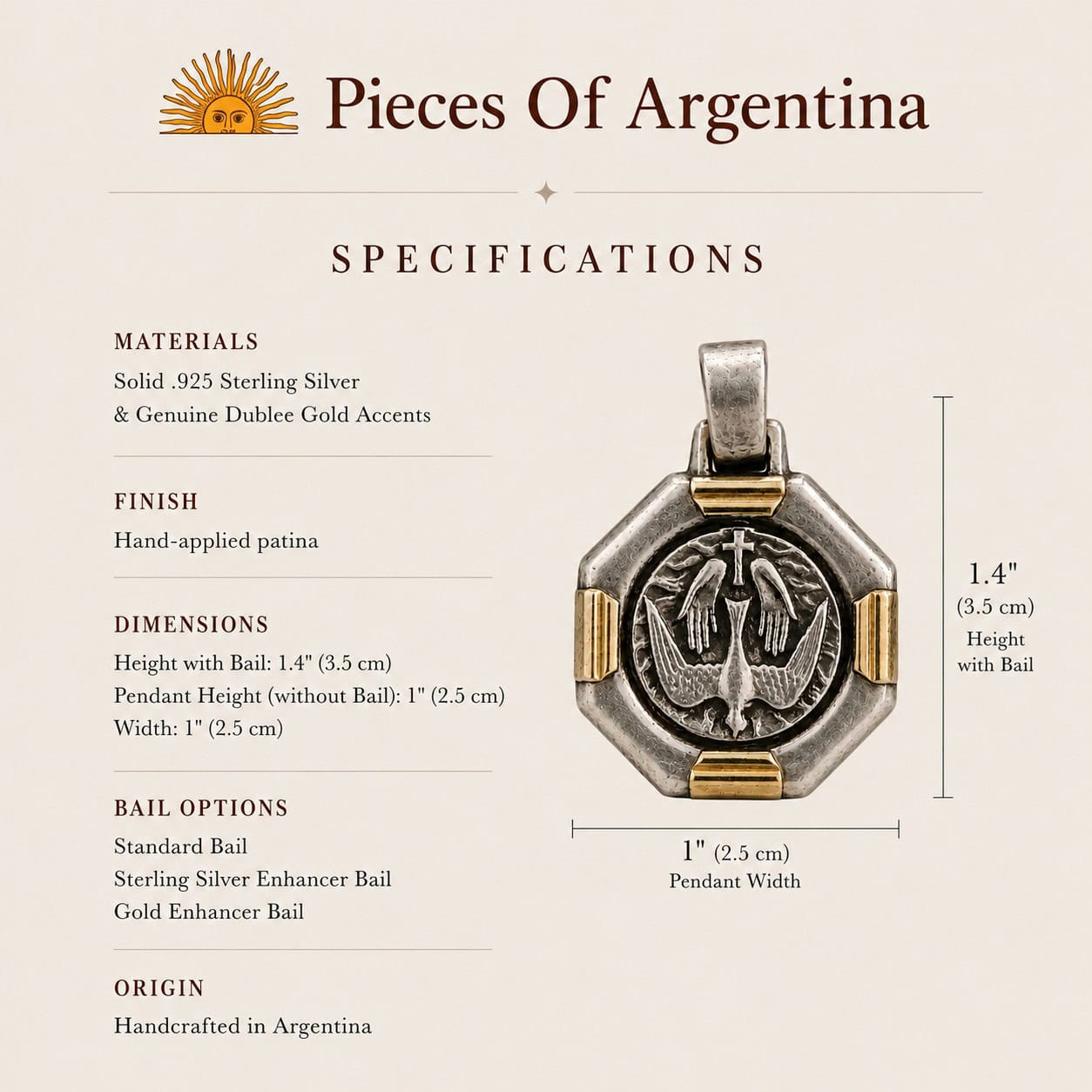 Holy Spirit sterling silver pendant with Dublee gold accents showing dimensions, materials and bail options.