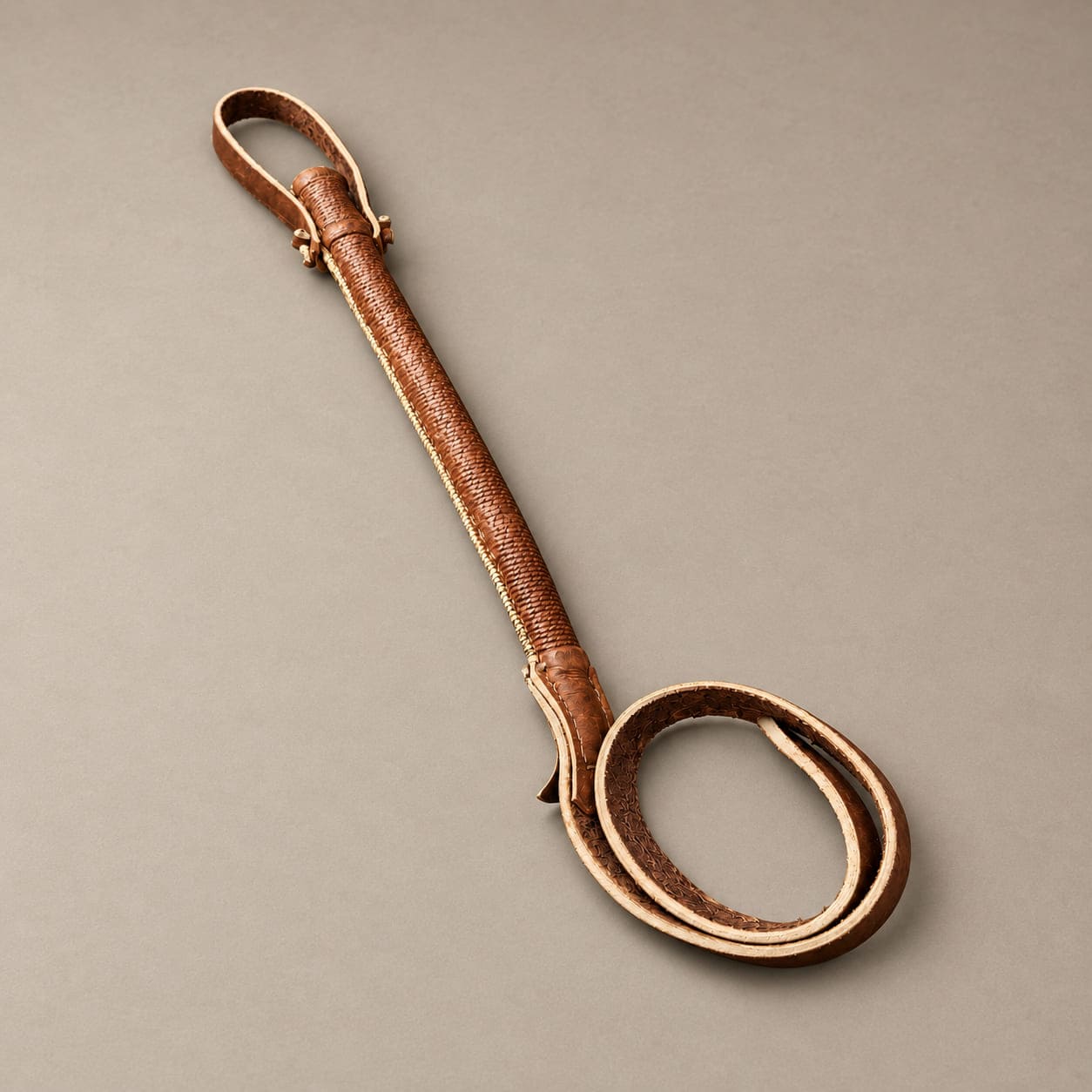 Traditional Argentine leather rebenque with a braided handle, wrist loop, and coiled leather strap.